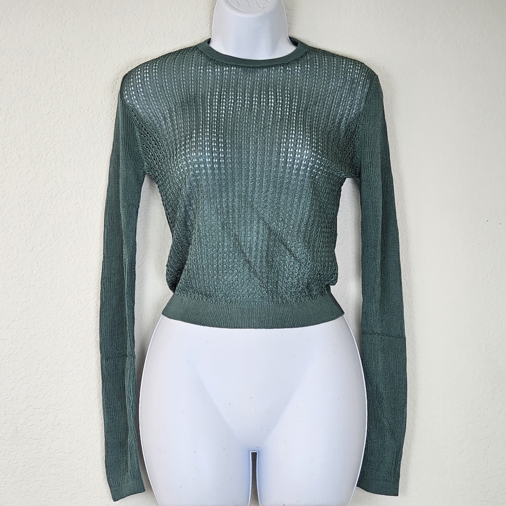 Free People H2O Crew Open Stitch Knit Long Sleeve Top Jade Green XS NWT Boho - Picture 5 of 13